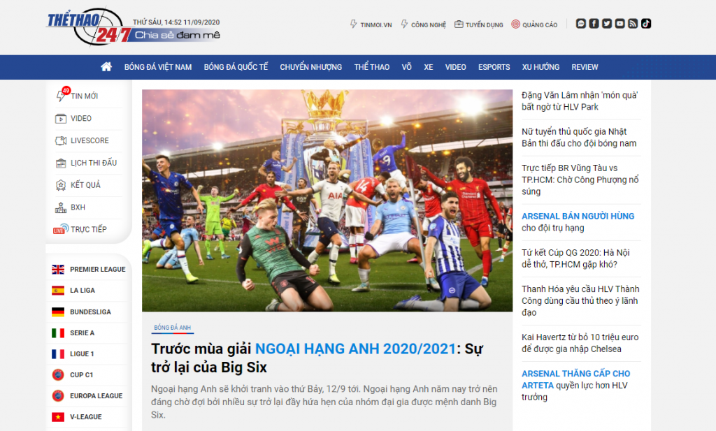Hình ảnh về trang web Thethao247.vn thuộc top 10 web xem thể thao trực tuyến